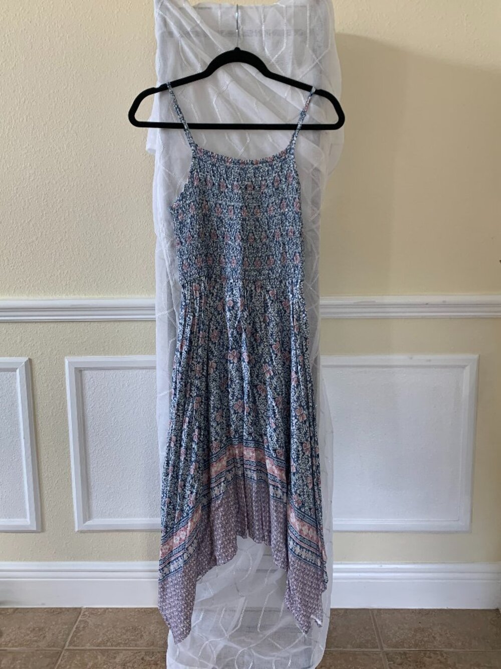 Japna Boho Floral Smocked Midi Dress with Handkerchief Hem Size Medium